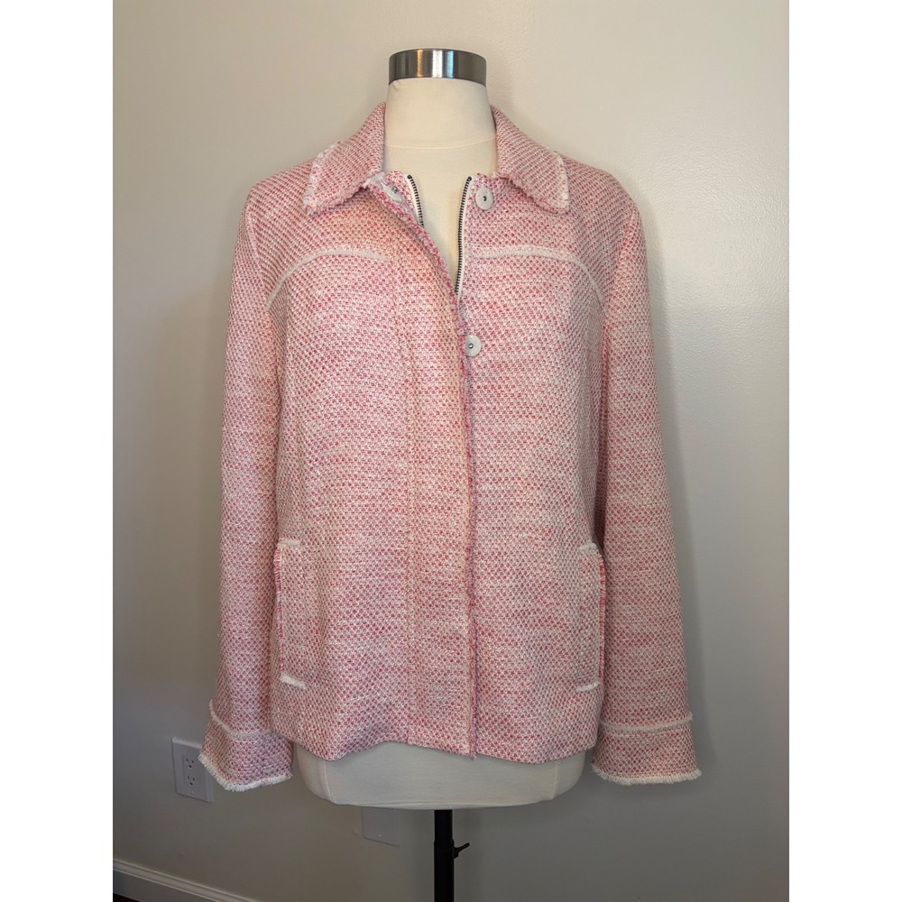 J. Jill Pink White Coral Tweed Fringe Trim Zip Front Jacket XL Women Preppy Chic